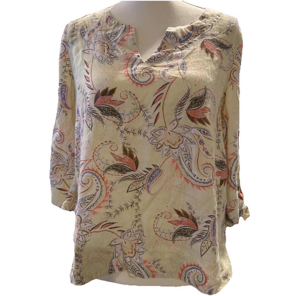 J. Jill Love Linen Floral Paisley Light Zest Midsummer Tie Sleeve Blouse XS